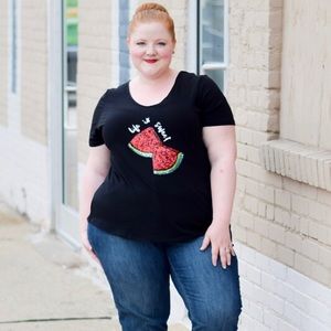 Plus size sequin watermelon black v neck top